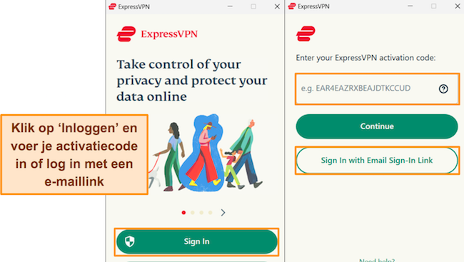 Screenshots van het aanmeldingsproces van ExpressVPN op Windows