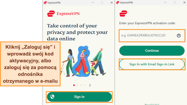 Zrzuty ekranu procesu logowania ExpressVPN w systemie Windows