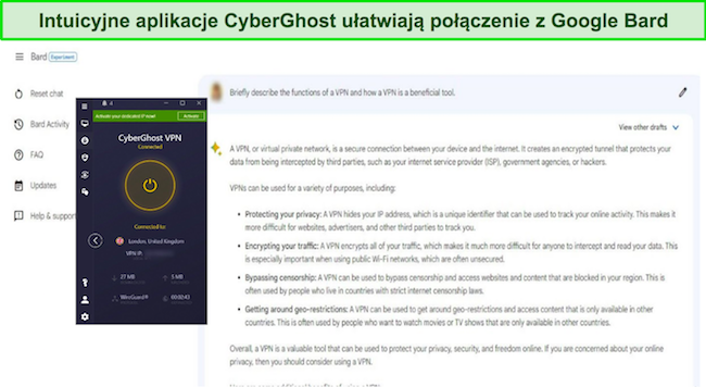 Obraz przedstawiający Google Bard odpowiadającą na monit o VPN, z CyberGhost połączonym z serwerem w Wielkiej Brytanii