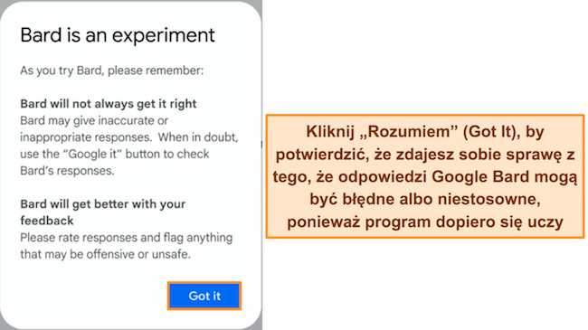 Obraz ostrzeżenia Google Bard, że usługa jest eksperymentalna i może generować nieprawidłowe lub obraźliwe odpowiedzi