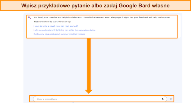 zrzut ekranu Google Bard z podświetlonymi przykładowymi monitami oraz polem „Wpisz monit tutaj”.