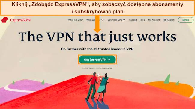 Zrzut ekranu strony internetowej ExpressVPN z zaznaczonym przyciskiem „Pobierz ExpressVPN”.