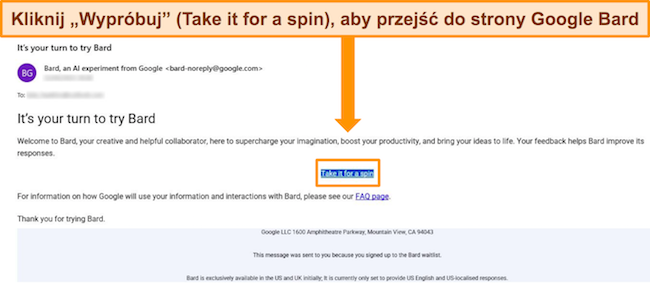 Obraz wiadomości e-mail z potwierdzeniem Google Bard, że użytkownik może teraz uzyskać dostęp do Bard