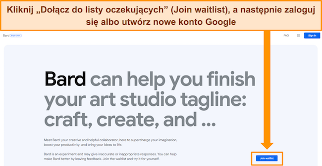 Zrzut ekranu przedstawiający ekran rejestracji na liście oczekujących Google Bard