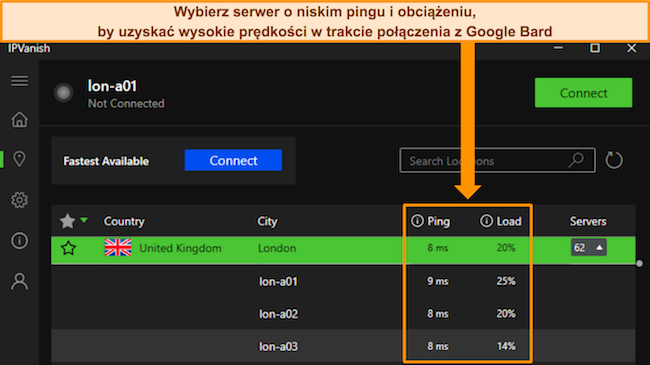 Obraz aplikacji Windows IPVanish, pokazujący ping i obciążenie użytkowników dla poszczególnych serwerów w Wielkiej Brytanii i Londynie