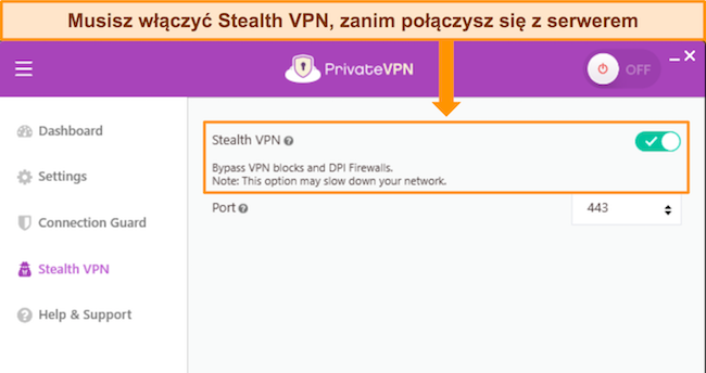 Zrzut ekranu aplikacji Windows PrivateVPN, pokazujący opcję Stealth VPN oraz sposób jej włączania i wyłączania