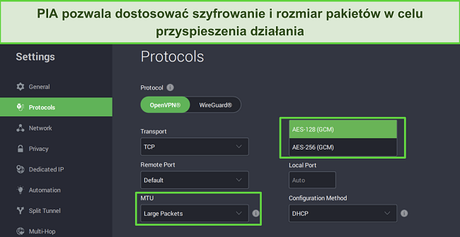 Zrzut ekranu z aplikacji PIA dla systemu Windows pokazujący dostosowywalne ustawienia protokołu.