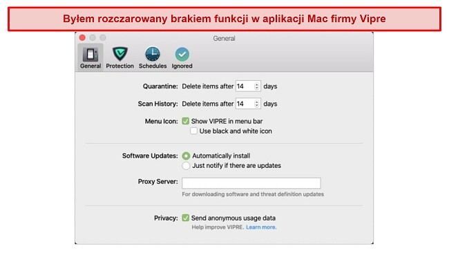 Aplikacja Vipre na Mac jest okrojoną aplikacją, w której brakuje większości funkcji znajdujących się w aplikacji dla systemu Windows