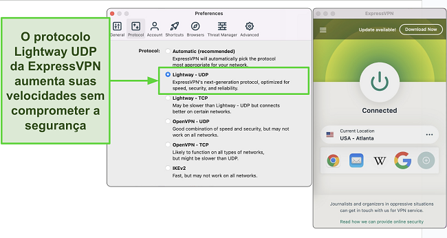 Captura de tela das opções de protocolo do ExpressVPN mostrando a seleção do Lightway UDP