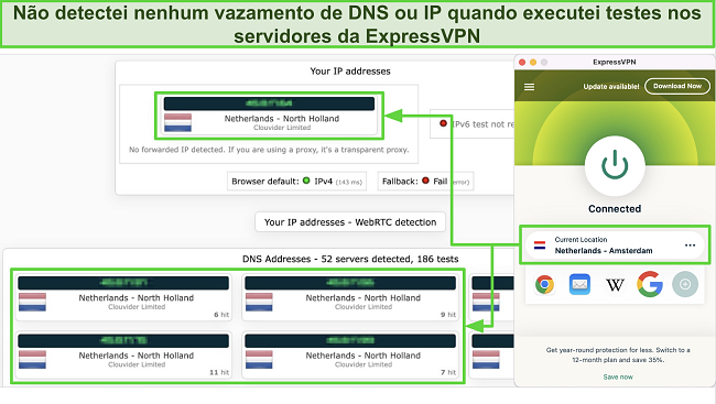 Captura de tela dos testes de vazamento de IP/DNS do ExpressVPN em que o ExpressVPN não revelou minha localização real