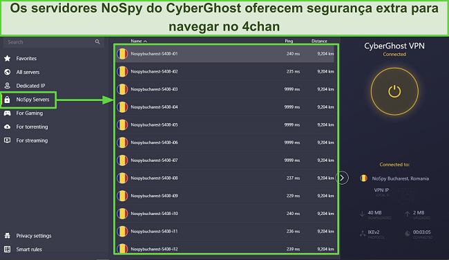 Captura de tela do aplicativo do CyberGhost para Windows mostrando seus servidores NoSpy