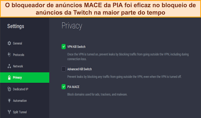 Captura de tela das configurações do bloqueador de anúncios MACE da VPN da PIA no contexto do bloqueio de anúncios do Twitch