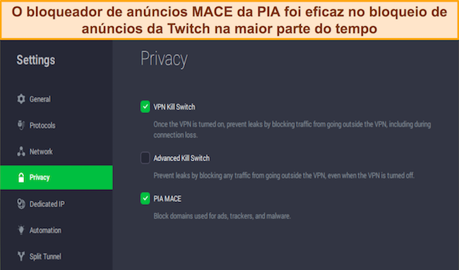 Captura de tela das configura&ccedil;&otilde;es do bloqueador de an&uacute;ncios MACE da VPN da PIA no contexto do bloqueio de an&uacute;ncios do Twitch
