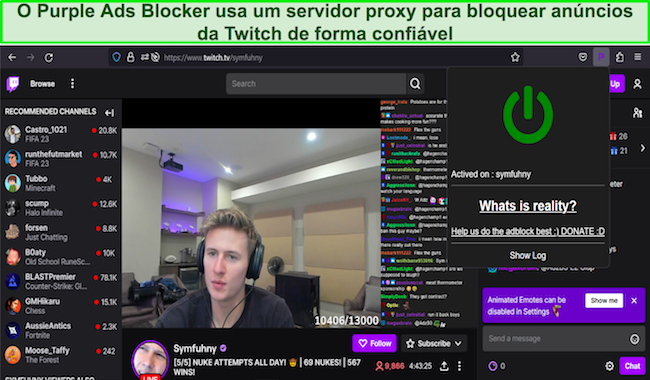 Captura de tela da extensão do navegador Purple Ads Blocker bloqueando anúncios no Twitch.