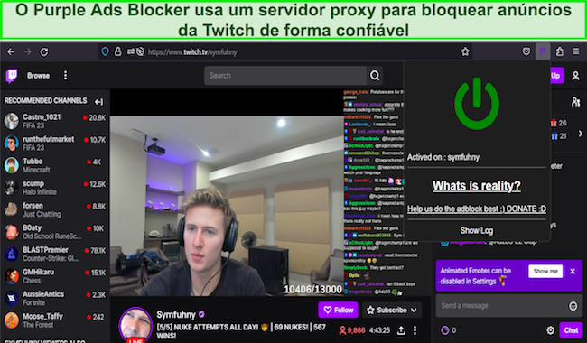 Captura de tela da extens&atilde;o do navegador Purple Ads Blocker bloqueando an&uacute;ncios no Twitch.