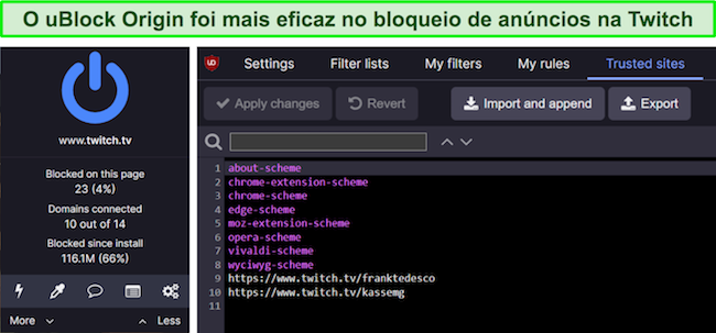 Captura de tela da taxa de bloqueio Twitch.tv do uBlock Origin e configurações de lista branca relacionadas ao Twitch.