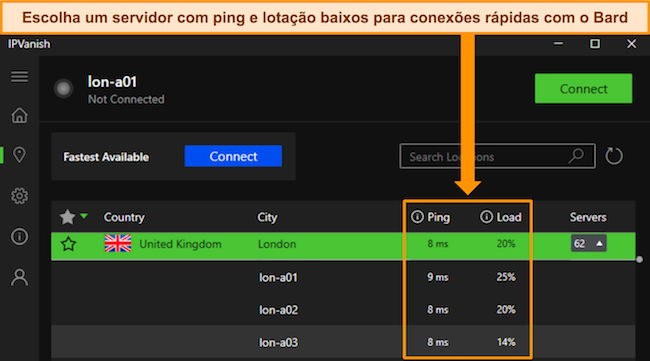 Imagem do aplicativo Windows do IPVanish, mostrando o ping e a carga do usuário para servidores individuais do Reino Unido - Londres