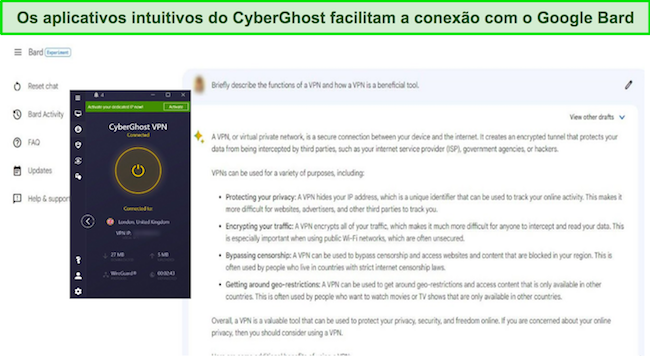 Imagem do Google Bard respondendo a uma solicitação sobre VPNs, com o CyberGhost conectado a um servidor do Reino Unido