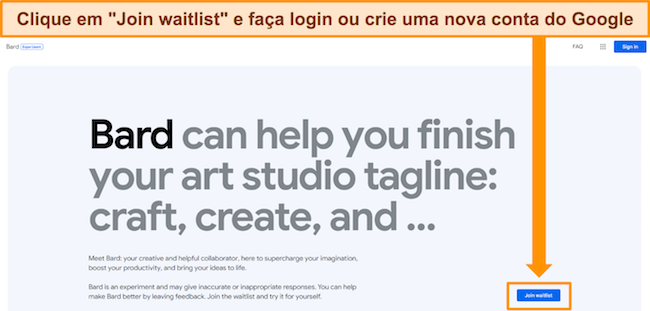 Captura de tela da tela de inscrição da lista de espera do Google Bard