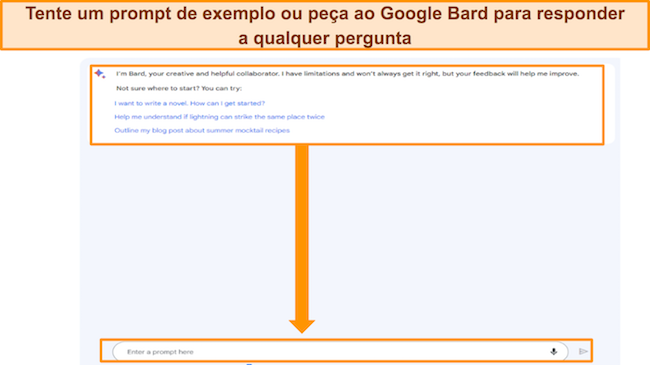 captura de tela do Google Bard, com prompts de exemplo destacados, bem como a caixa 