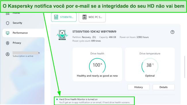 Captura de tela da interface do verificador de integridade do disco rígido da Kaspersky