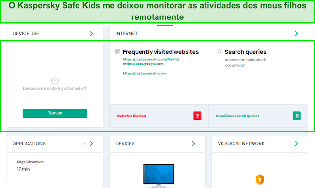 Captura de tela do painel de controle dos pais do Safe Kids da Kaspersky