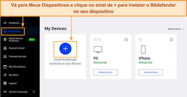 Captura de tela de como adicionar um dispositivo no painel de login central do Bitdefender na seção Meus Dispositivos