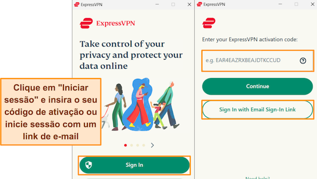 Capturas de tela do processo de login da ExpressVPN no Windows