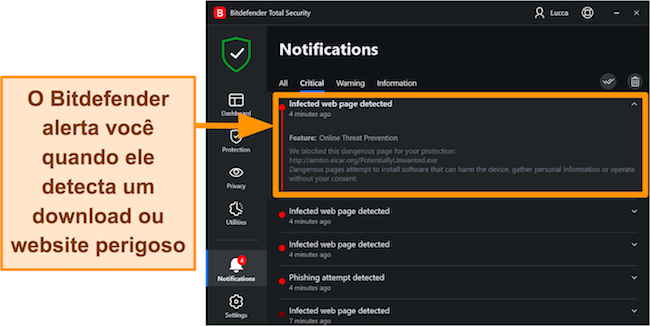 Captura de tela da tela de notificação do Bitdefender mostrando várias infecções