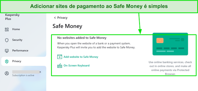 Captura de tela da interface do Safe Money da Kaspersky
