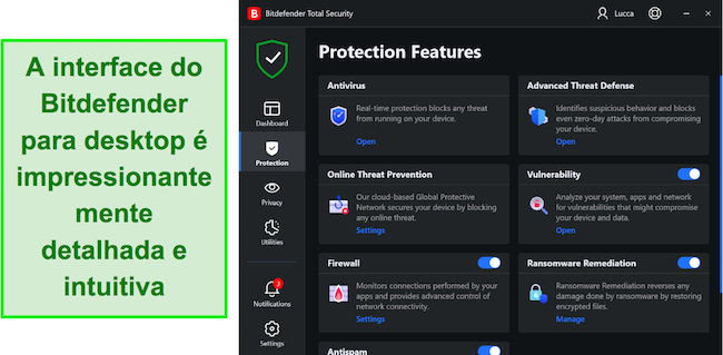 Captura de tela da interface de usuário do aplicativo Windows do Bitdefender