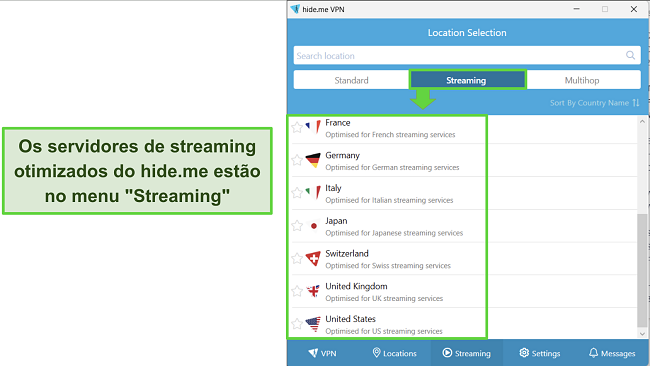 Captura de tela do aplicativo do hide me para Windows com os servidores de streaming destacados