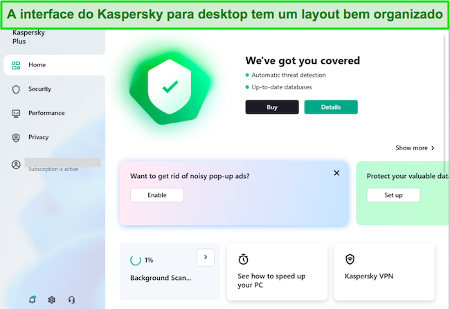 Captura de tela do painel principal do Kaspersky