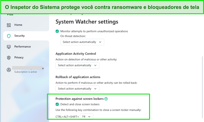 Captura de tela do menu de configurações do System Watcher da Kaspersky