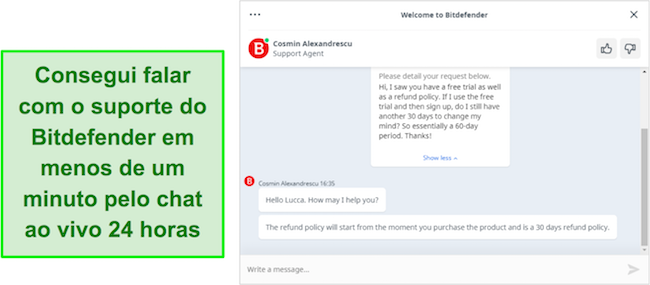 Captura de tela do agente de bate-papo ao vivo 24/7 do Bitdefender respondendo a uma consulta