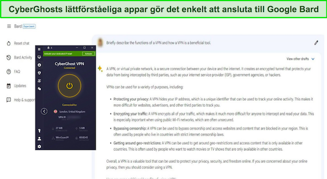 Bild på Google Bard som svarar på en uppmaning om VPN, med CyberGhost ansluten till en brittisk server