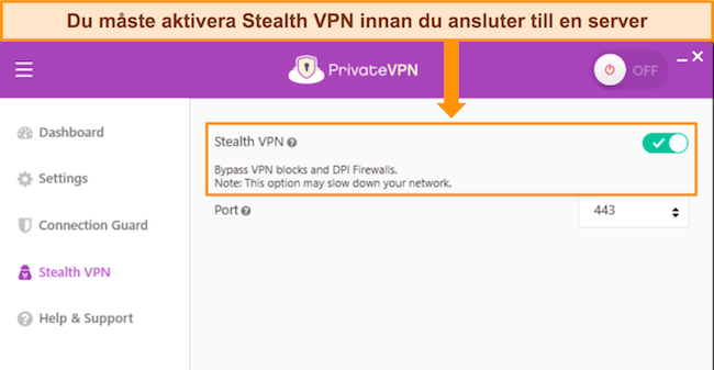 Skärmdump av PrivateVPNs Windows-app, som visar alternativet Stealth VPN och hur man slår på och av det