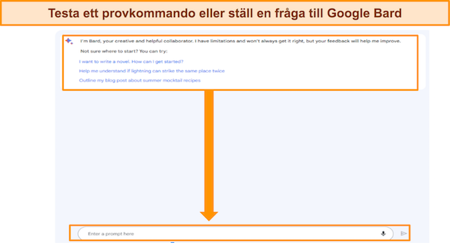 skärmdump av Google Bard, med exempeluppmaningar markerade, samt rutan 