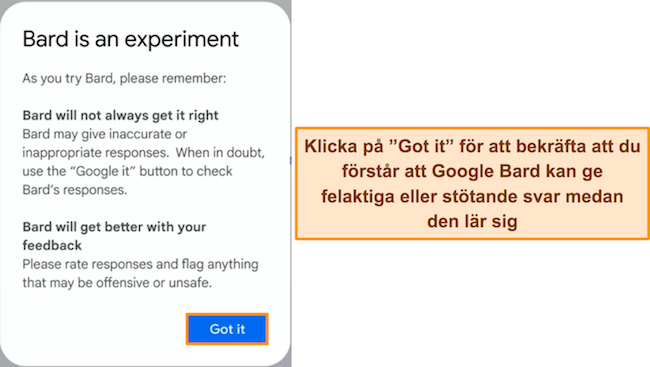 Bild på Google Bards varningsmeddelande om att tjänsten är experimentell och kan generera felaktiga eller stötande svar