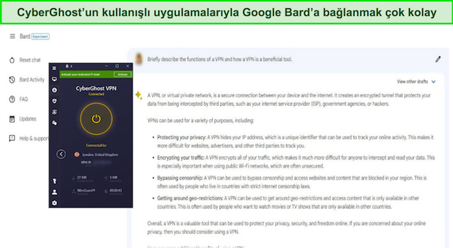 Bir İngiltere sunucusuna bağlı CyberGhost ile VPN'lerle ilgili bir istemi yanıtlayan Google Bard'ın resmi