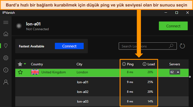 Bireysel Birleşik Krallık - Londra sunucuları için ping ve kullanıcı yükünü gösteren IPVanish'in Windows uygulamasının görüntüsü