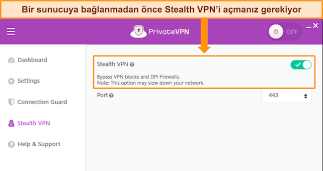 Gizli VPN seçeneğini ve bu seçeneğin nasıl açılıp kapatılacağını gösteren PrivateVPN'in Windows uygulamasının ekran görüntüsü