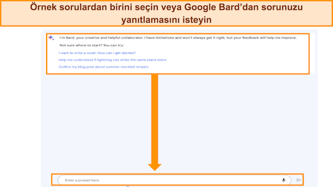 Google Bard'ın ekran görüntüsü, örnek istemler vurgulanmış ve ayrıca 