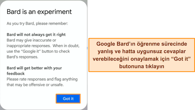 Google Bard'ın, hizmetin deneysel olduğunu ve yanlış veya rahatsız edici yanıtlara yol açabileceğini belirten uyarı notunun resmi