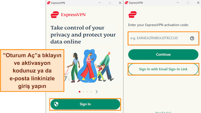 ExpressVPN'in Windows'ta oturum açma işleminin ekran görüntüleri