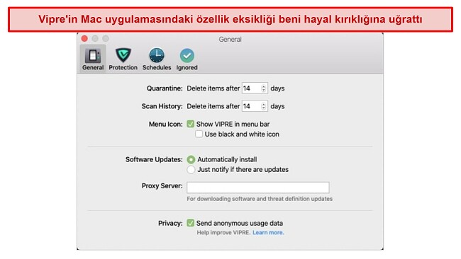 Vipre’nın Mac uygulaması, Windows aplikasyonunda bulunan birçok aracı içermiyor