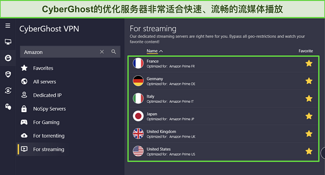 CyberGhost的Windows应用程序的截图,显示针对Amazon Prime的优化服务器