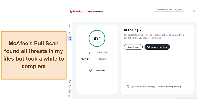 Screenshot of McAfee's Full scan results