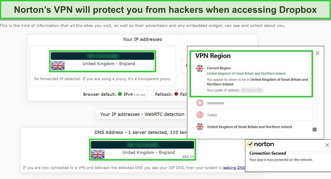 Screenshot of Norton's VPN passing DNS security checks