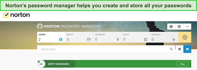 Screenshot of Norton password manager vault